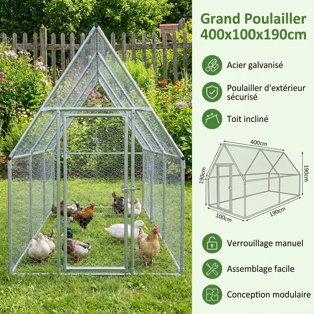 Enclos pour poules en acier galvanisé 400 x 100 x 190 cm – photo 4
