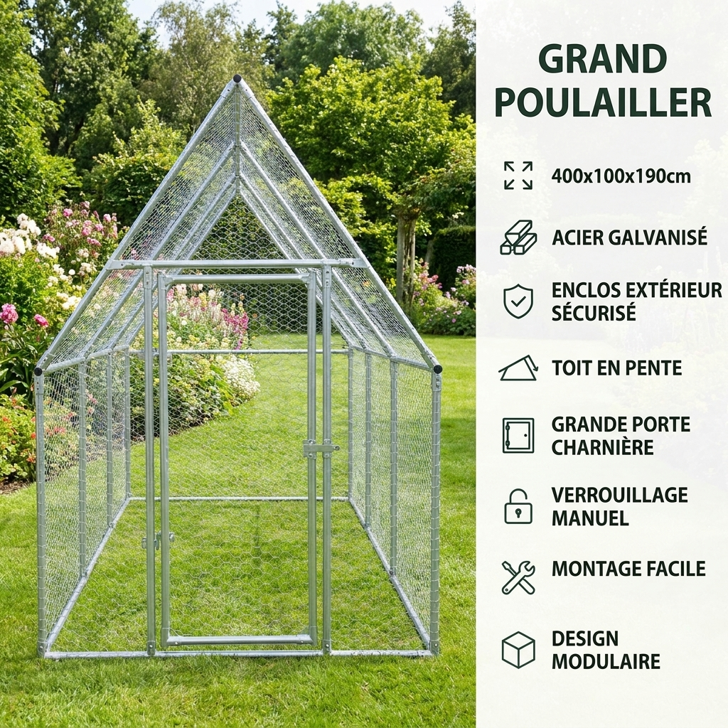Enclos pour poules en acier galvanisé 400 x 100 x 190 cm – photo 5