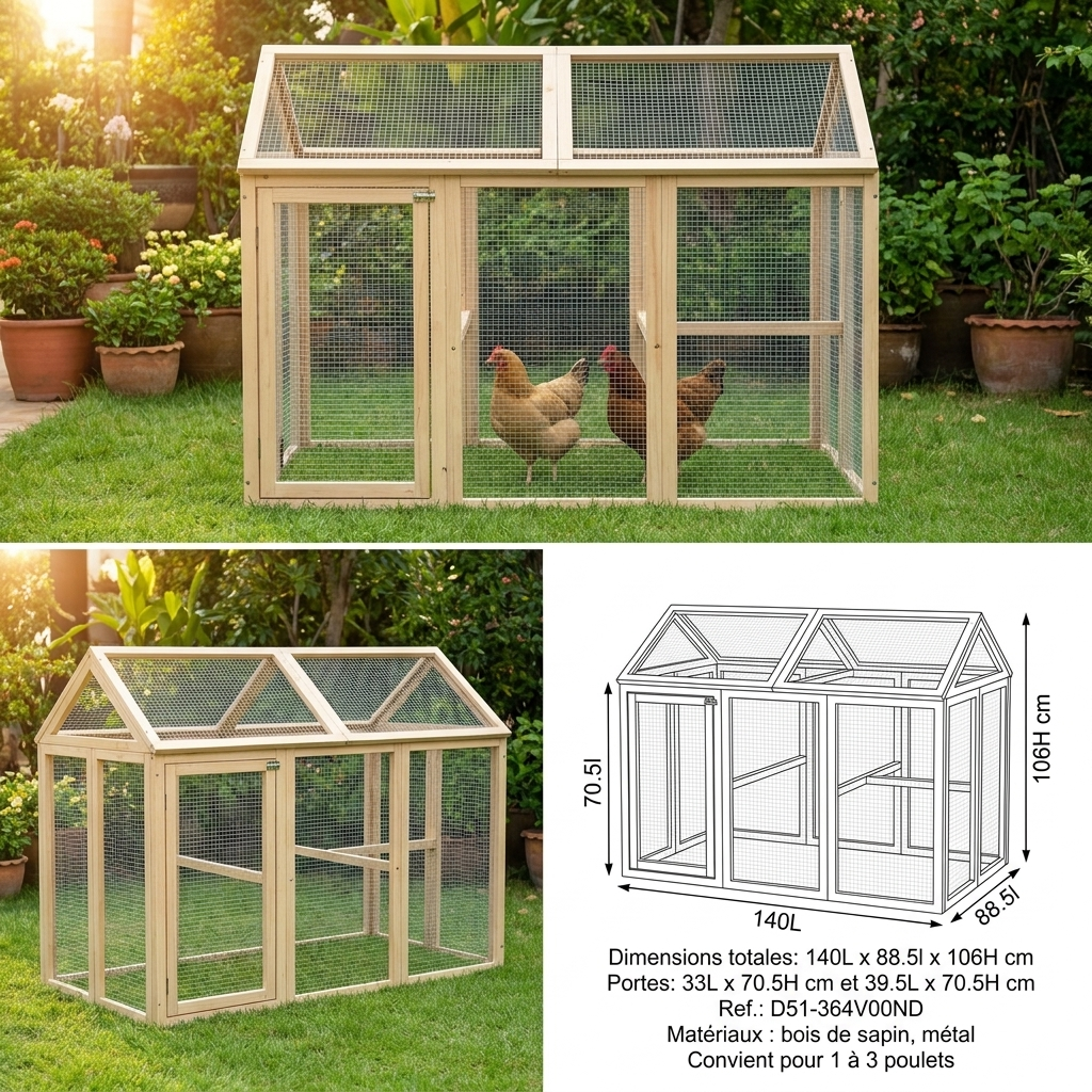 Enclos pour poules en bois de sapin 140 x 88,5 x 106 cm – photo 4