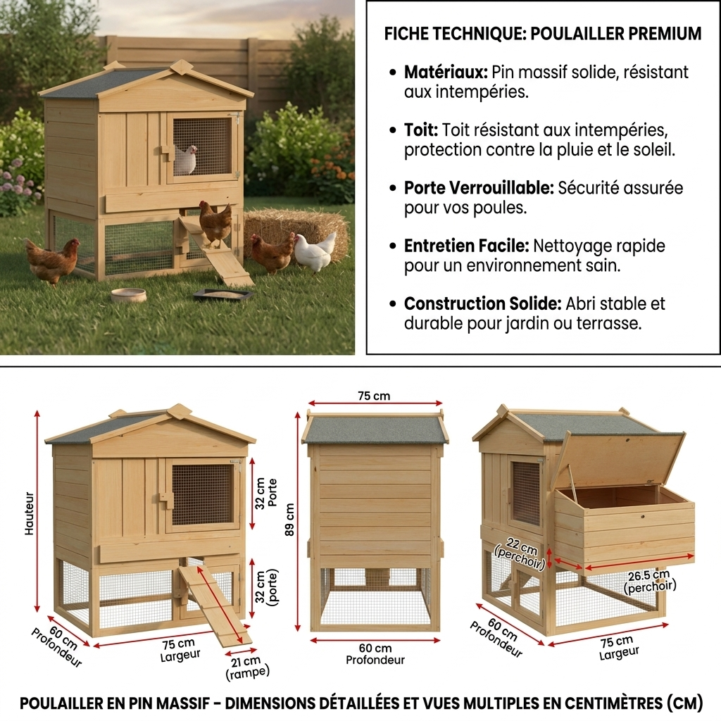 Poulailler en bois de pin brun 75 x 59 x 60 cm – photo 2
